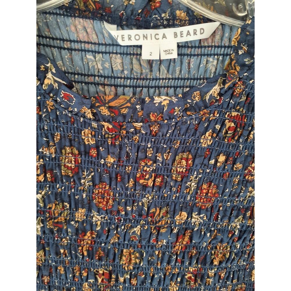 Veronica Beard Dress Size 2 Blue Floral Smocked Mini Ruffle Hem Boho/Romantic - Picture 2 of 5